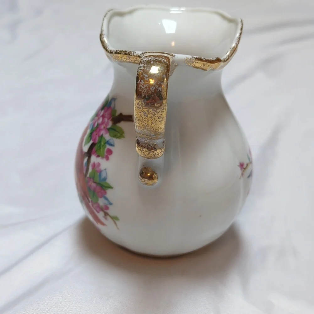 Vintage Noleans Japan Hand Painted Cardinal Birds Cherry Blossom Ceramic Pitcher